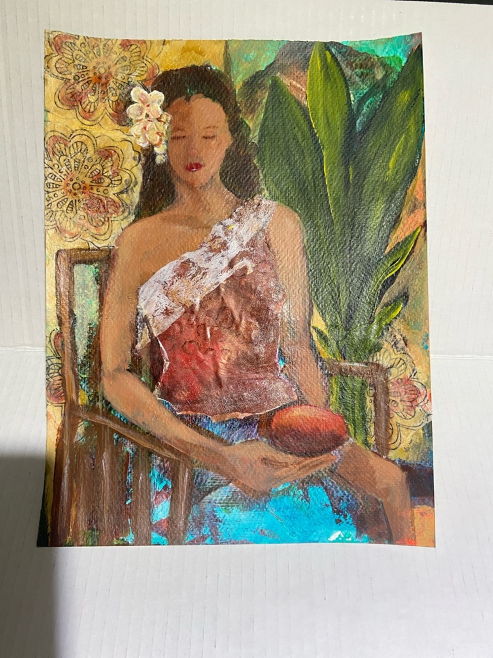 Hand-Painted Tropical Woman Mixed Media  Acrylic  Art– Red, Green, Blue - Picture 9 of 9